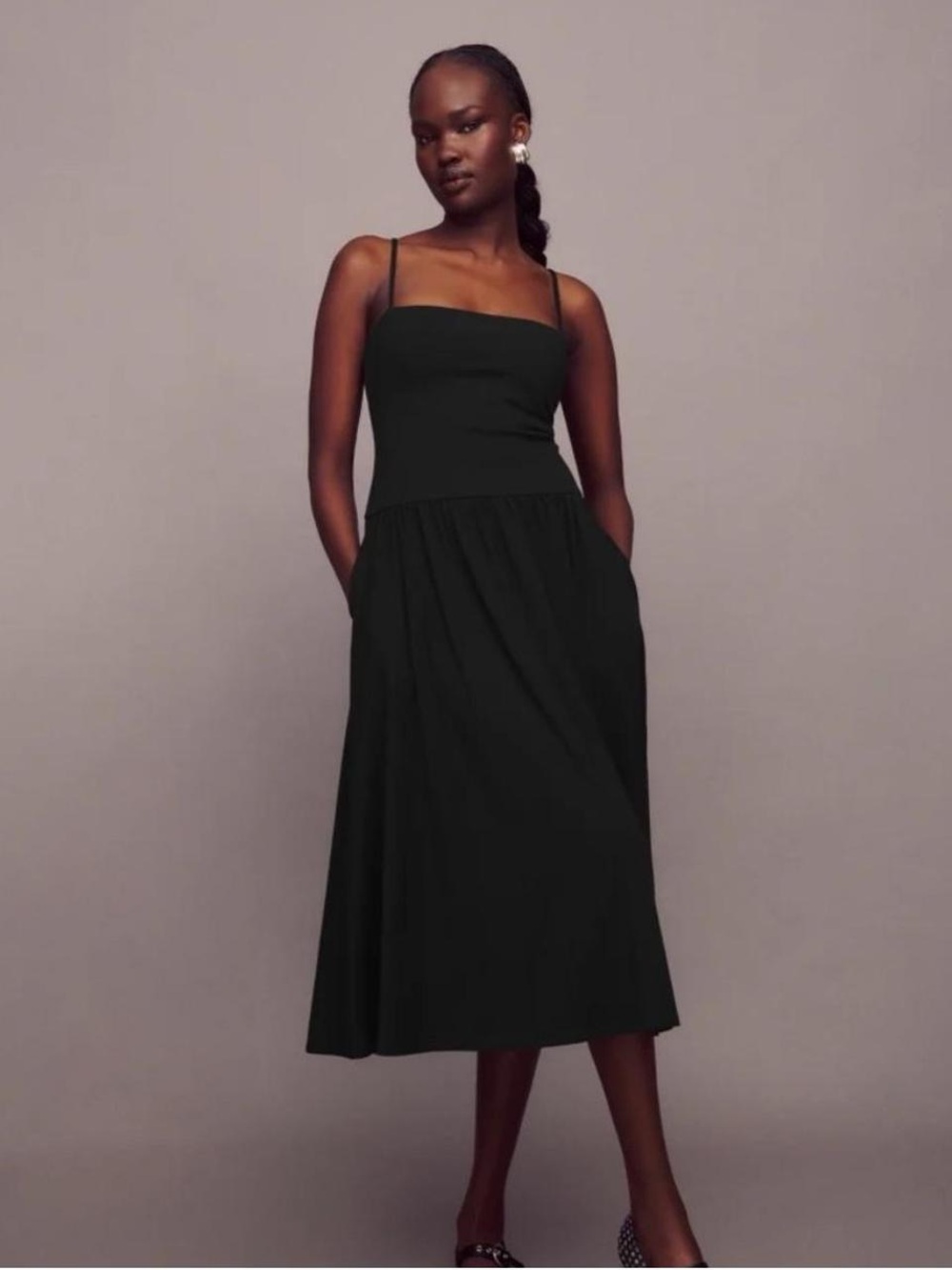 Reformation Lilo knit Black Square-Neck drop waist Spaghetti-Strap Midi Dress
